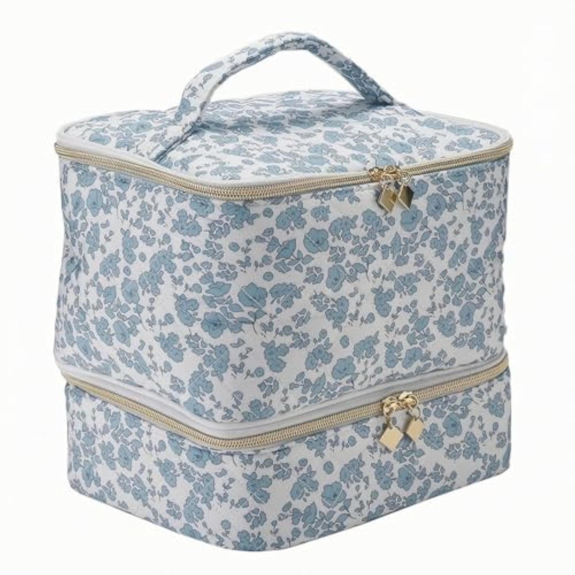 Zip-Around Double-Layer Makeup Bag, Quilted Cosmetic Organizer